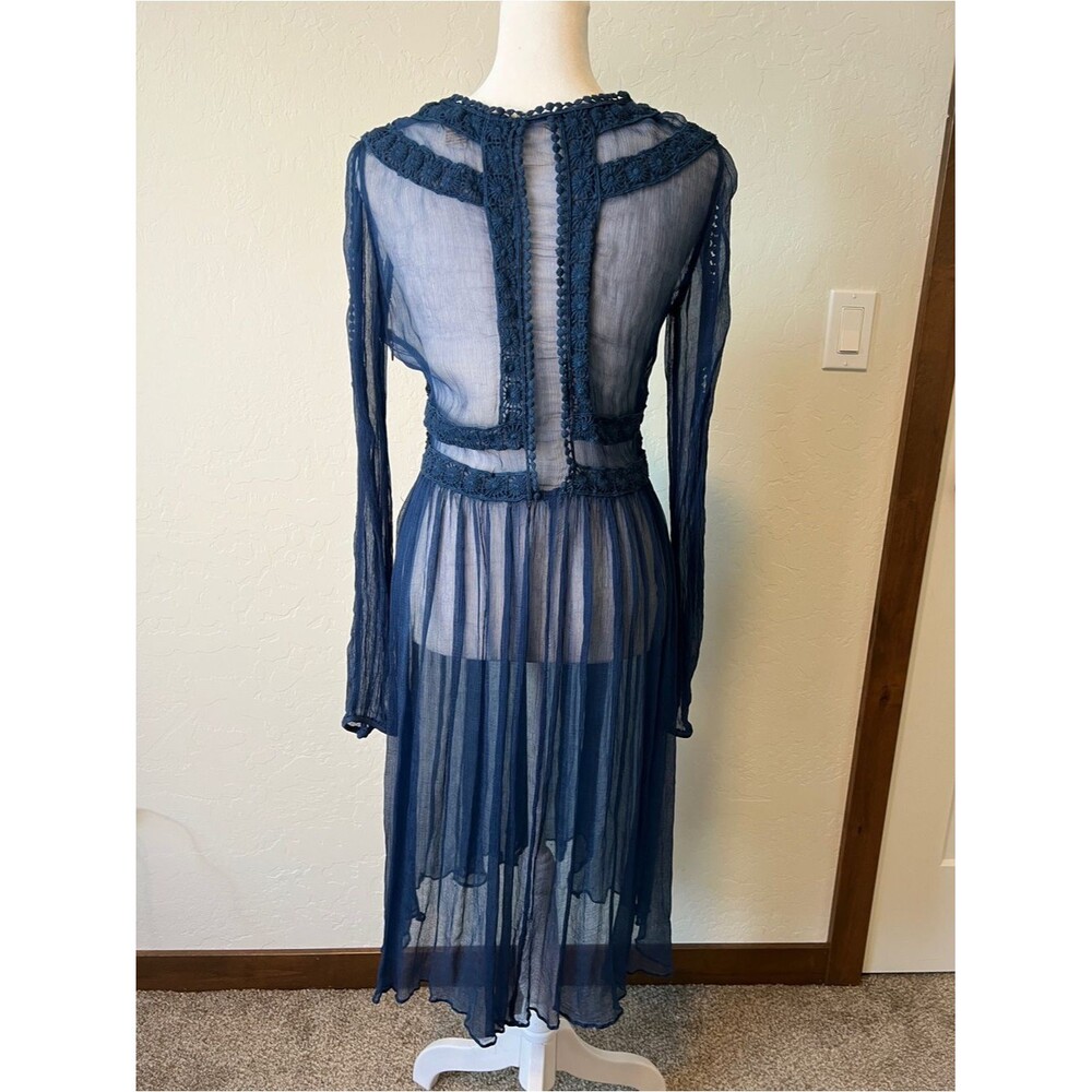 Sundance Time After Time Blue Sheer Crochet Boho Dress Above Knee with Slip 6 - Picture 2 of 10
